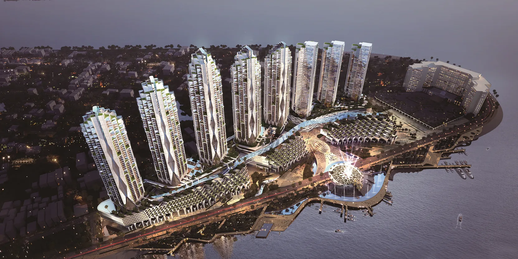 Sokha Chaktomuk Paradise towers on the Phnom Penh riverfront at night