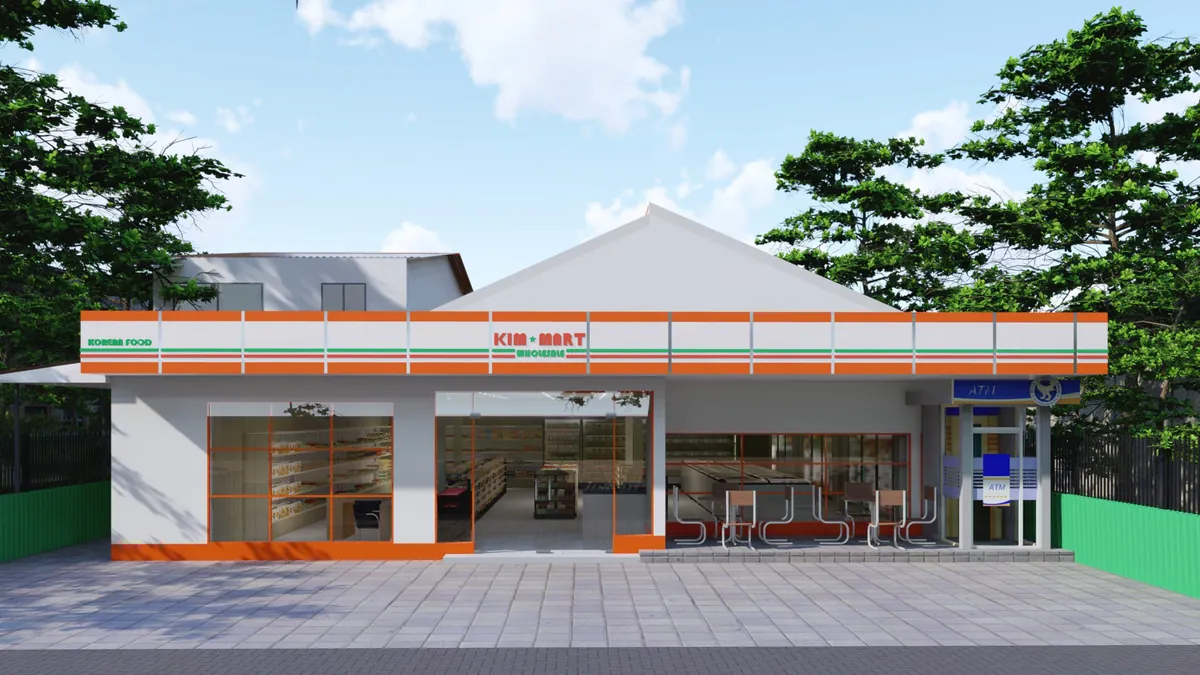 Retail building with large glass windows